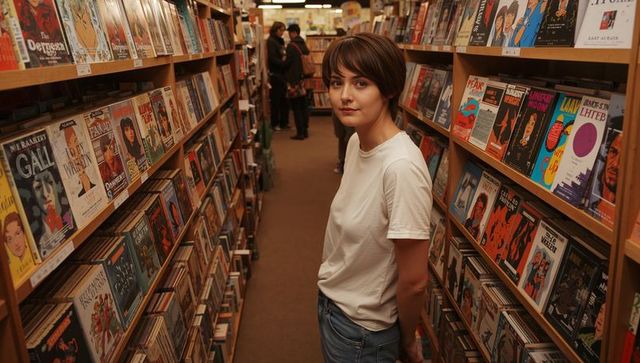 Young woman browsing vinyl records in narrow cozy record store with wooden shelves