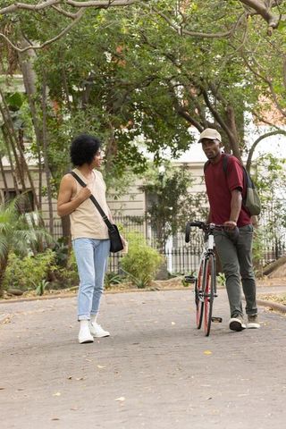 Two african american men chatting on tree-lined park path with road bicycle