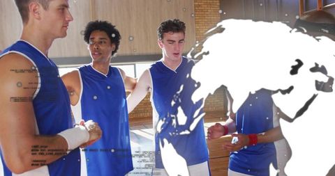 High school basketball team huddling for strategy in gym with white overlay graphic