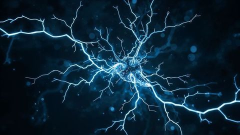 Glowing Neuron Cell Emitting Electric Impulses