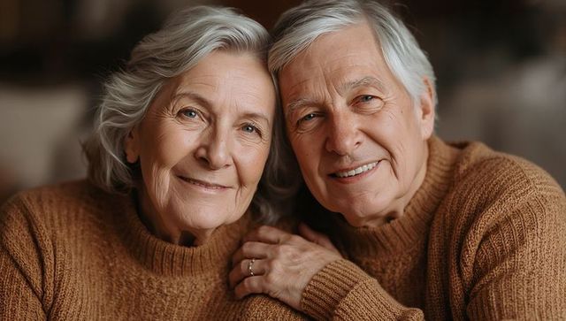 Senior Couple Sharing Warm Smile in Matching Brown Knit Sweaters Showing Wedding Ring