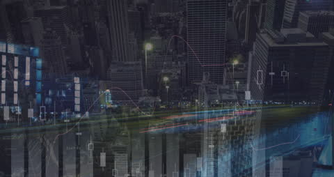 Cityscape Overlay with Animated Financial Data Visualization