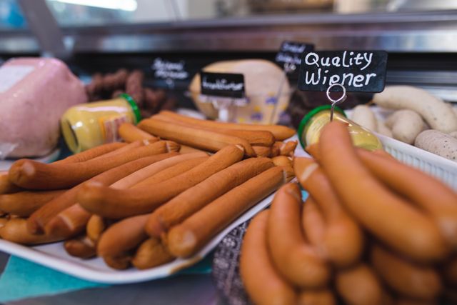 Close-up of sausages with quality wiener label on tray in display cabinet. unaltered, food, cafeteria, meat, text and small business concept.