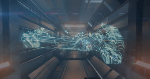 Digital Key Hologram in Futuristic Industrial Tunnel