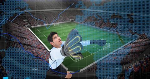 Goalkeeper Reaches for Save Amid Digital Financial Data Overlay