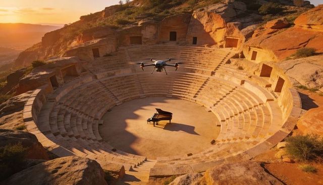 Drone filming grand piano in sandstone canyon amphitheater at golden sunset