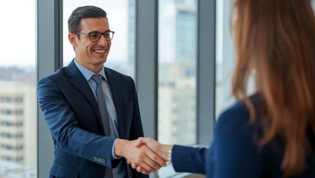 Successful Business Handshake with City View from Office