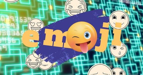 Playful emojis on digital technology background