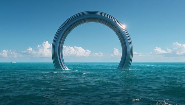 Rising reflective metallic torus emerging from turquoise ocean creating minimal symmetry