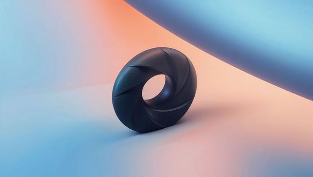 Matte grooved torus sculpture in duotone blue and peach lighting on minimal curved surface