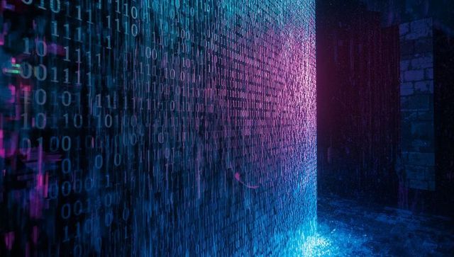 Futuristic Neon Digital Code Corridor with Wet Reflective Floor