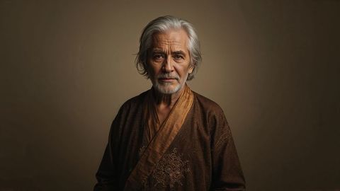 Old people contemplating in studio wearing traditional robe