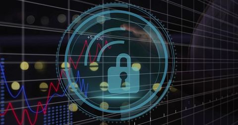 Cybersecurity HUD Lock Protecting Financial Data with Live Market Charts Grid Interface