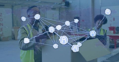 Warehouse Workers Packing with Digital Network Overlay Showing Logistics Connectivity