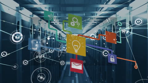 Network of Digital Icons in Futuristic Server Room