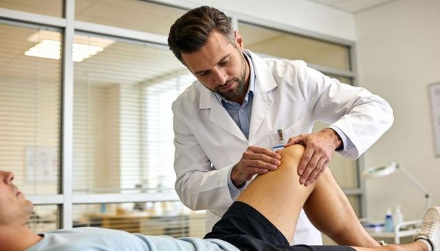Orthopedic doctor examining patient knee during clinical musculoskeletal assessment