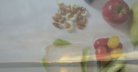 Healthy Foods and Peaceful Lake Sunset Reflection