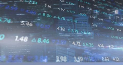 Financial data overlay with cityscape background visualizing economic trends
