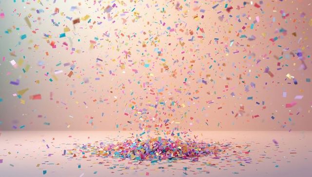 Floating pastel confetti forming central pile and drifting over soft gradient backdrop