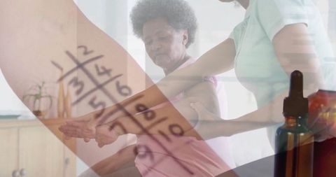 Female physiotherapist assisting patient with unique overlay of numbers