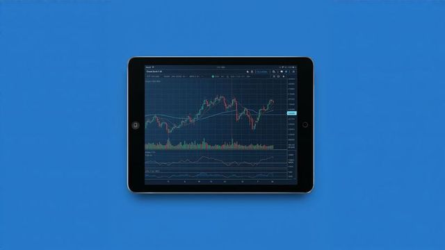 Tablet Displaying Bitcoin Candlestick Chart on Blue Background