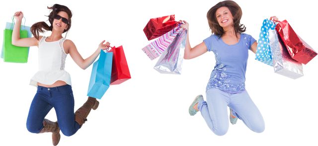 Two Women Happily Jumping with Shopping Bags Transparent Background - Download Free Stock Videos Pikwizard.com