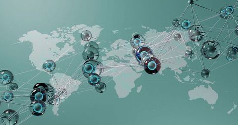 Connecting global network of glossy glass spheres over world map with luminous data links