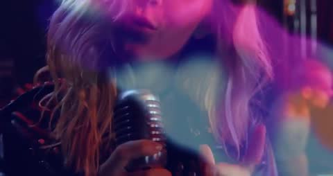 Dynamic Female Singer Performing with Neon and Soundwave Effects