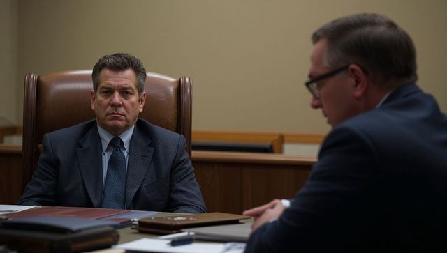 Middle-aged attorney sitting at counsel table during courtroom hearing reviewing legal files