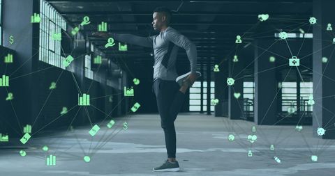 Athlete Stretching amidst Digital Network Interface