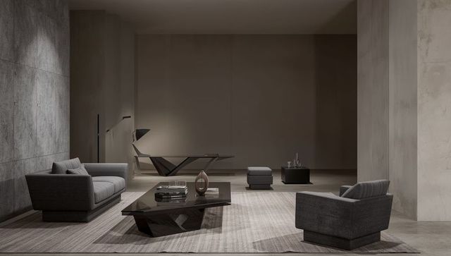 Minimalist living room with geometric coffee table and modern decor