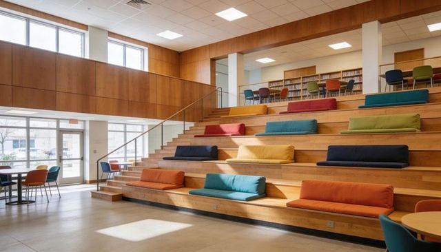 Sunlit learning commons with tiered timber seating and colorful cushions, library