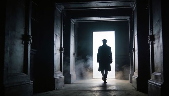 Silhouette walking toward bright doorway in foggy corridor, moody cinematic mystery