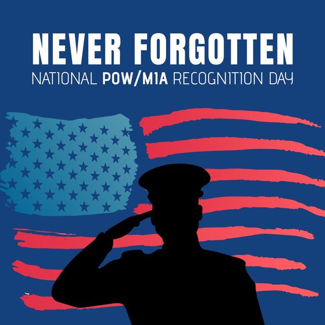 Illustration of National POW/MIA Recognition Day with text 'Never Forgotten' featuring a soldier saluting in front of an abstract American flag. Perfect for designing posters, social media graphics, and educational materials to commemorate and honor prisoners of war and those missing in action.
