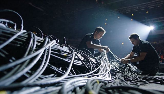 Technicians coiling heavy audio and power cables on dimly lit arena stage under spotlight