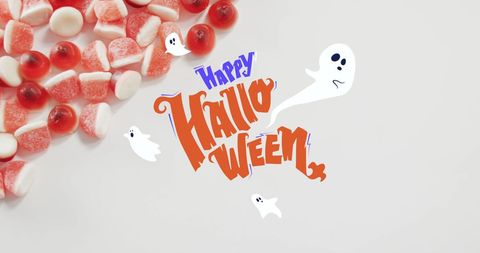 Halloween festival banner with candy and ghosts on white background