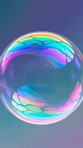 Vertical video: Iridescent soap bubble floating in rainbow colors on teal purple background
