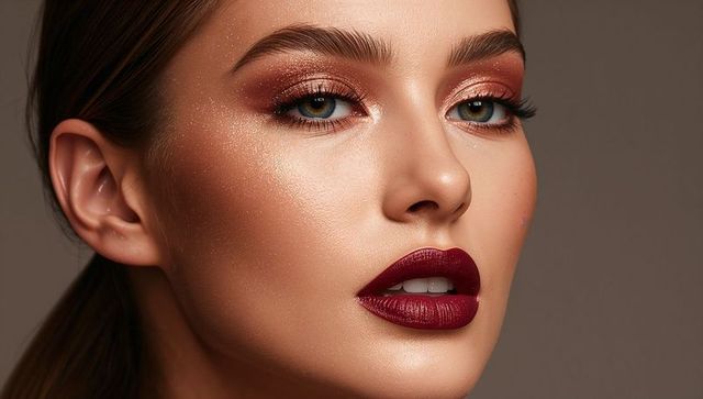 Closeup glam portrait showing copper eyeshadow, shimmering highlighter and berry lipstick