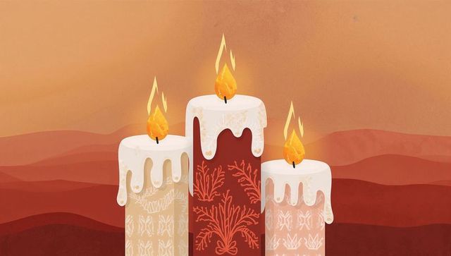 Three dripping candles on warm desert gradient with patterned pillars and glowing flames