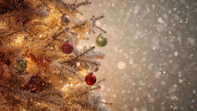 Flocked christmas tree branch glowing with warm lights and frosted baubles, holiday bokeh