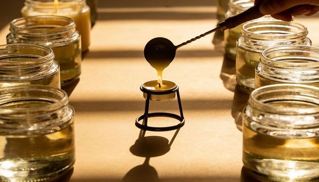 Pouring beeswax into melting cup on tripod surrounded by glass jars and warm sunlight