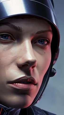Vertical Video: Helmeted Woman Turning Forward Revealing Futuristic Pilot Headset