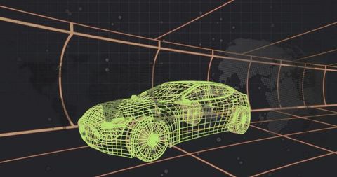 Neon wireframe sports car floating in futuristic cyber tunnel with orange grid