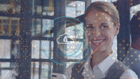 Businesswoman Embracing Digital Connectivity and Cybersecurity Concepts