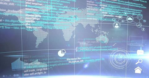 Global data visualization HUD streaming code over world map with analytics widgets