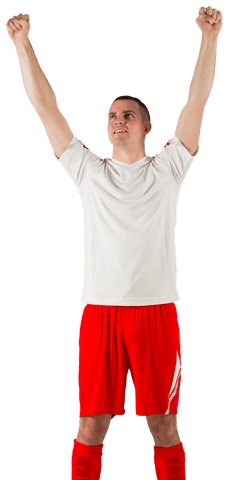 Excited Soccer Player in Red Shorts with Raised Arms on Transparent Background