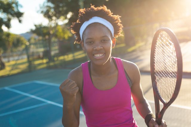 Young African American female tennis player showing excitement and determination on the tennis court. Ideal for use in sports promotions, fitness campaigns, youth empowerment materials, and advertisements for athletic gear.
