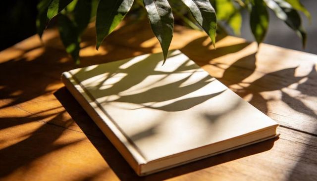 Beige hardcover notebook basking in sunlight casting leaf shadows on wood tabletop