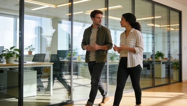 Young Professionals Walking and Conversing Past Glass-Walled Modern Office Corridor