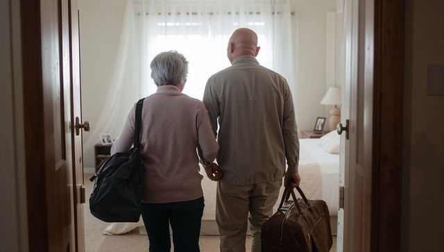 Senior couple holding hands walking into sunlit bedroom carrying luggage returning home
